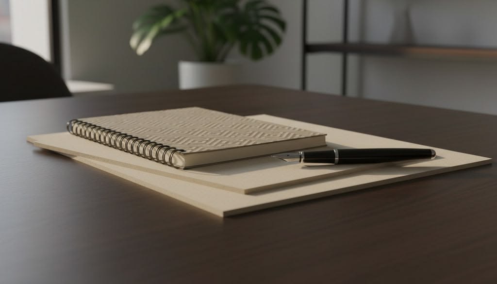 Spiral notebook and fountain pen on a dark desk.