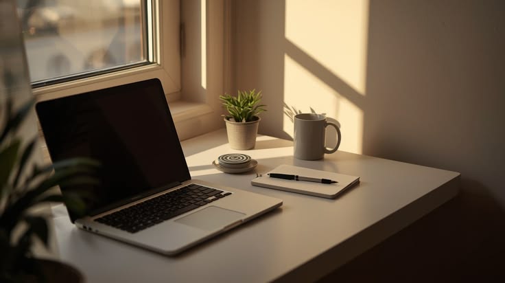 Writer's desk with laptop, notebook and coffee in warm light.