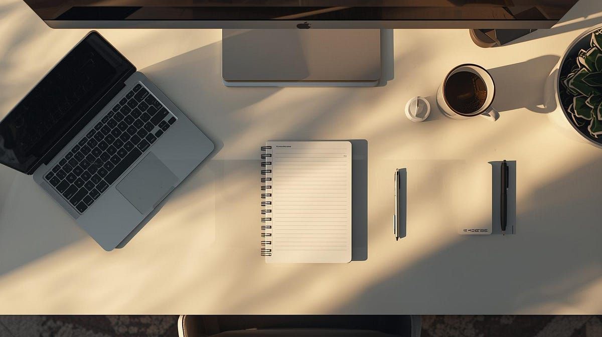 Overhead view of a workspace with notebook, pens, and coffee.