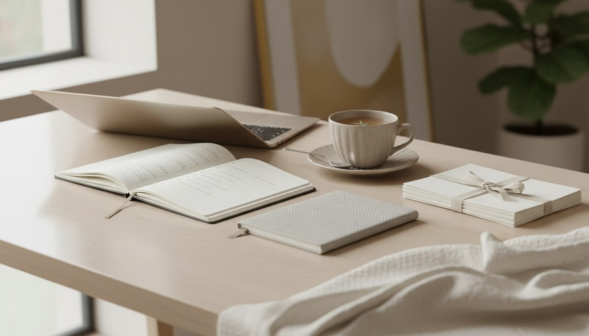 Editorial desk with open notebook, tea, and correspondence.