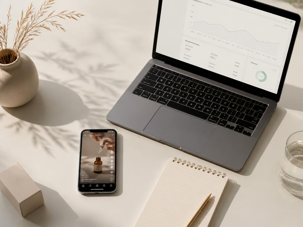 Ecommerce paid social workspace with phone and laptop.